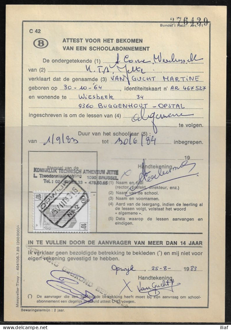 Belgium Parcel Stamp Sc. Q407 On Document C42 “Certificate For Obtaining A School Subscription” In Opwijk 25.08.83 - Documenten & Fragmenten