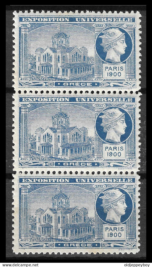 FRANCE ERINOPHILIE Fair EXPOSITION UNIVERSELLE 1900 PARIS GRECE GREECE  BLOCK OF 3 Vignette CINDERELLA MNH** - 1900 – París (Francia)