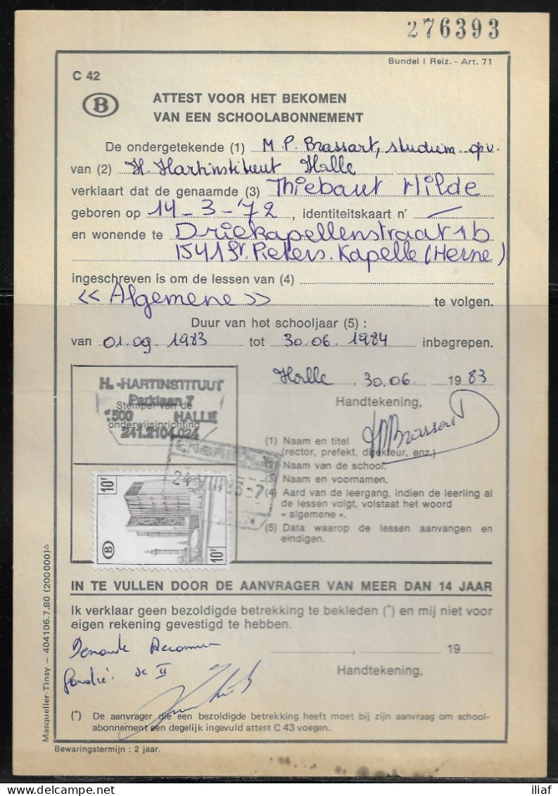 Belgium Parcel Stamp Sc. Q407 On Document C42 “Certificate For Obtaining A School Subscription” In Enghien 24.08.83 - Documenten & Fragmenten