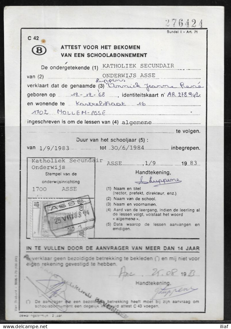 Belgium Parcel Stamp Sc. Q407 On Document C42 “Certificate For Obtaining A School Subscription” In Asse 25.08.83 - Documentos & Fragmentos