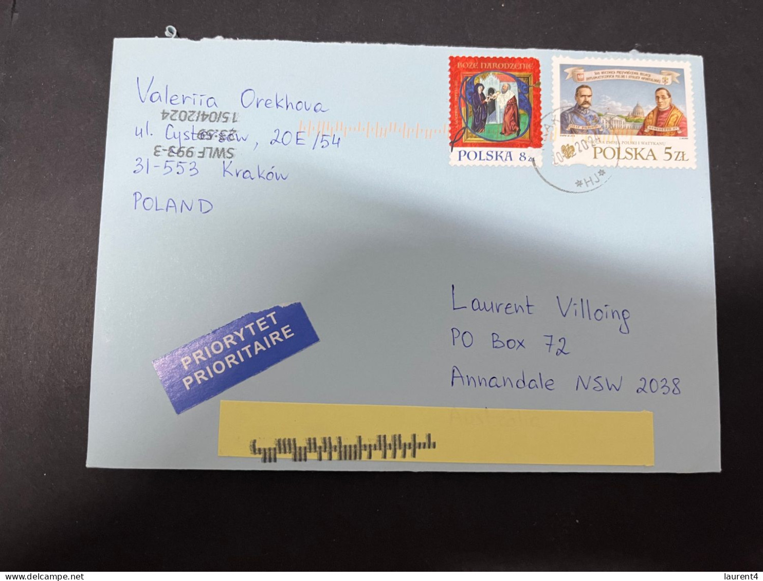 1-5-2024 (3 Z 34) Letter Posted From Poland To Australia In 2024 (1 Cover) With 2 Stamps - Brieven En Documenten