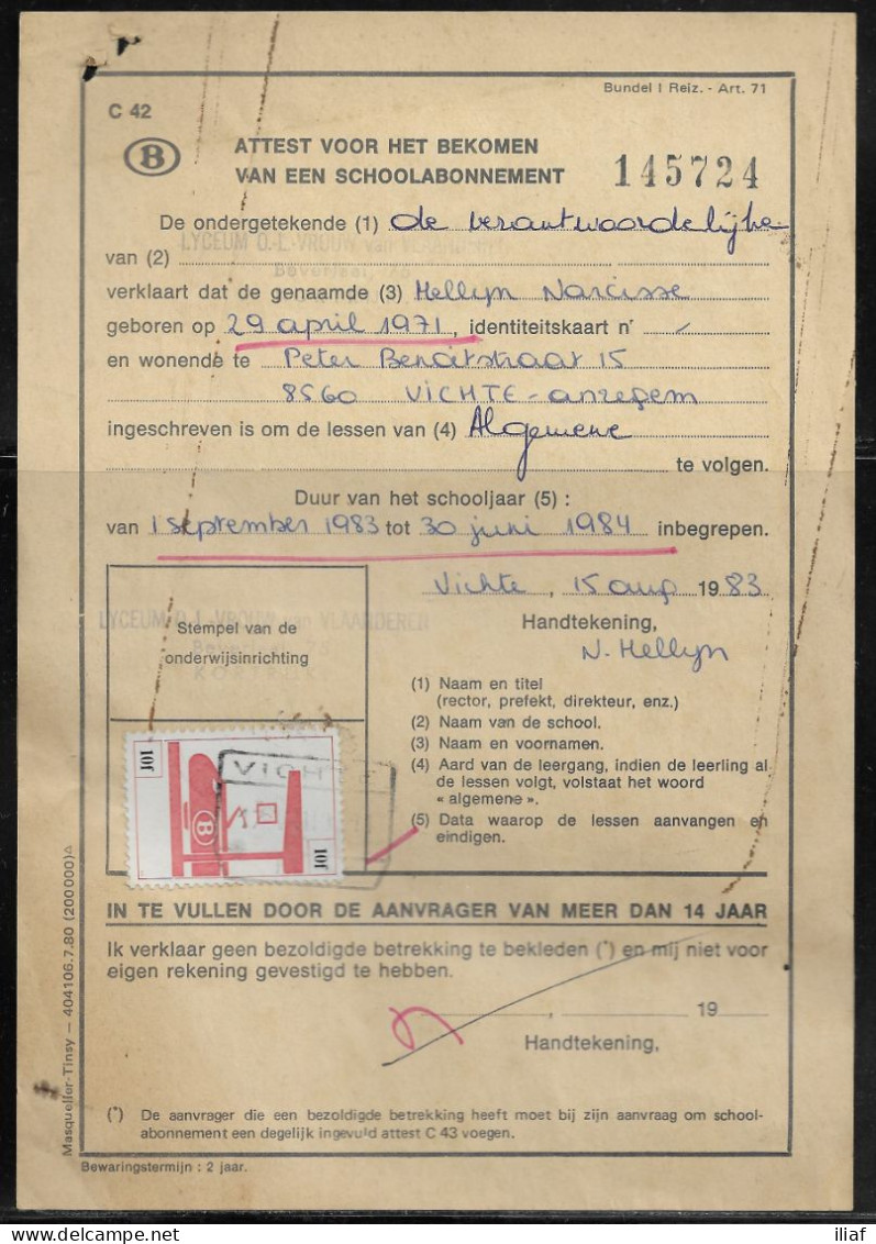 Belgium Parcel Stamp Sc. Q460 On Document C42 “Certificate For Obtaining A School Subscription” In Vichte 17.08.83 - Documenten & Fragmenten