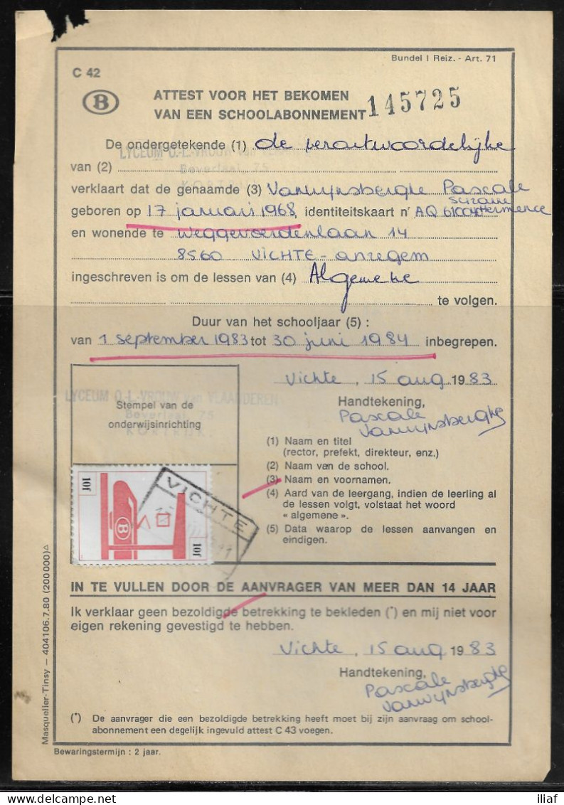 Belgium Parcel Stamp Sc. Q460 On Document C42 “Certificate For Obtaining A School Subscription” In Vichte 17.08.83 - Dokumente & Fragmente