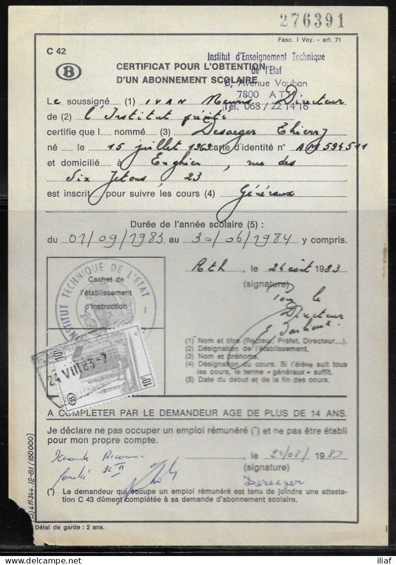 Belgium Parcel Stamp Sc. Q407 On Document C42 “Certificate For Obtaining A School Subscription” 24.08.83 - Dokumente & Fragmente