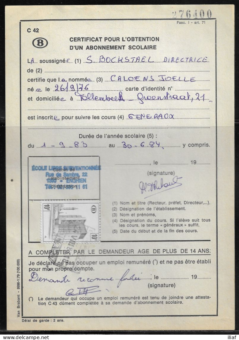 Belgium Parcel Stamp Sc. Q407 On Document C42 “Certificate For Obtaining A School Subscription” 24.08.83 - Documenten & Fragmenten