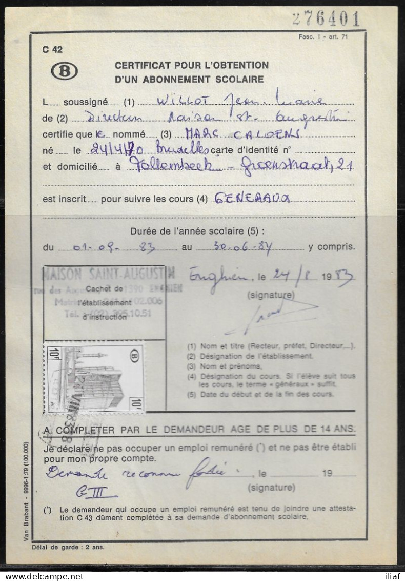 Belgium Parcel Stamp Sc. Q407 On Document C42 “Certificate For Obtaining A School Subscription” 24.08.83 - Documents & Fragments