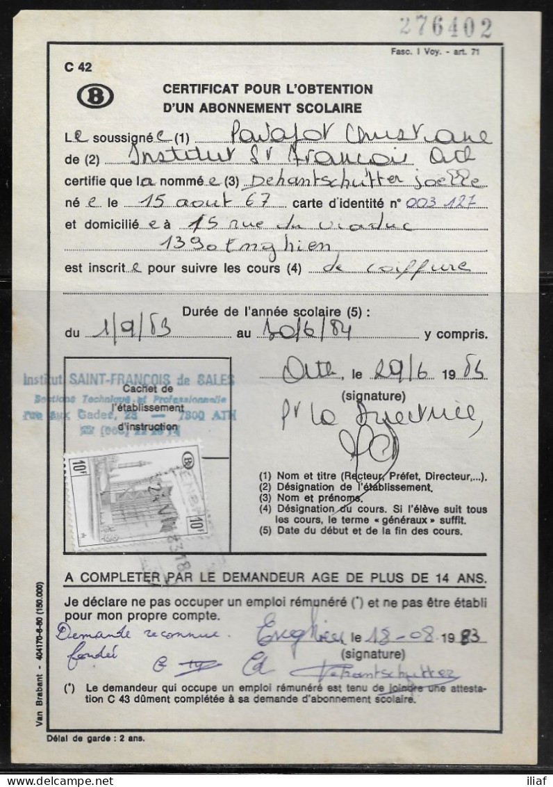 Belgium Parcel Stamp Sc. Q407 On Document C42 “Certificate For Obtaining A School Subscription” Enghien 24.08.83 - Documents & Fragments