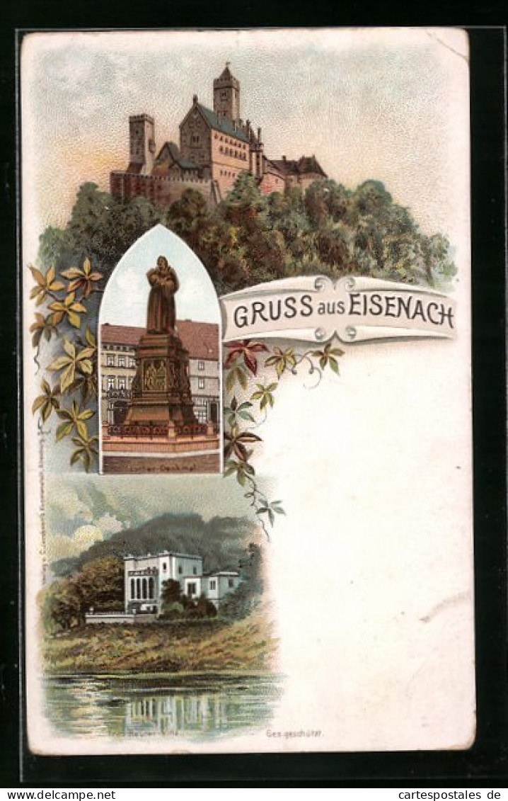 Lithographie Eisenach, Fritz Reuter-Villa, Luther-Denkmal  - Eisenach
