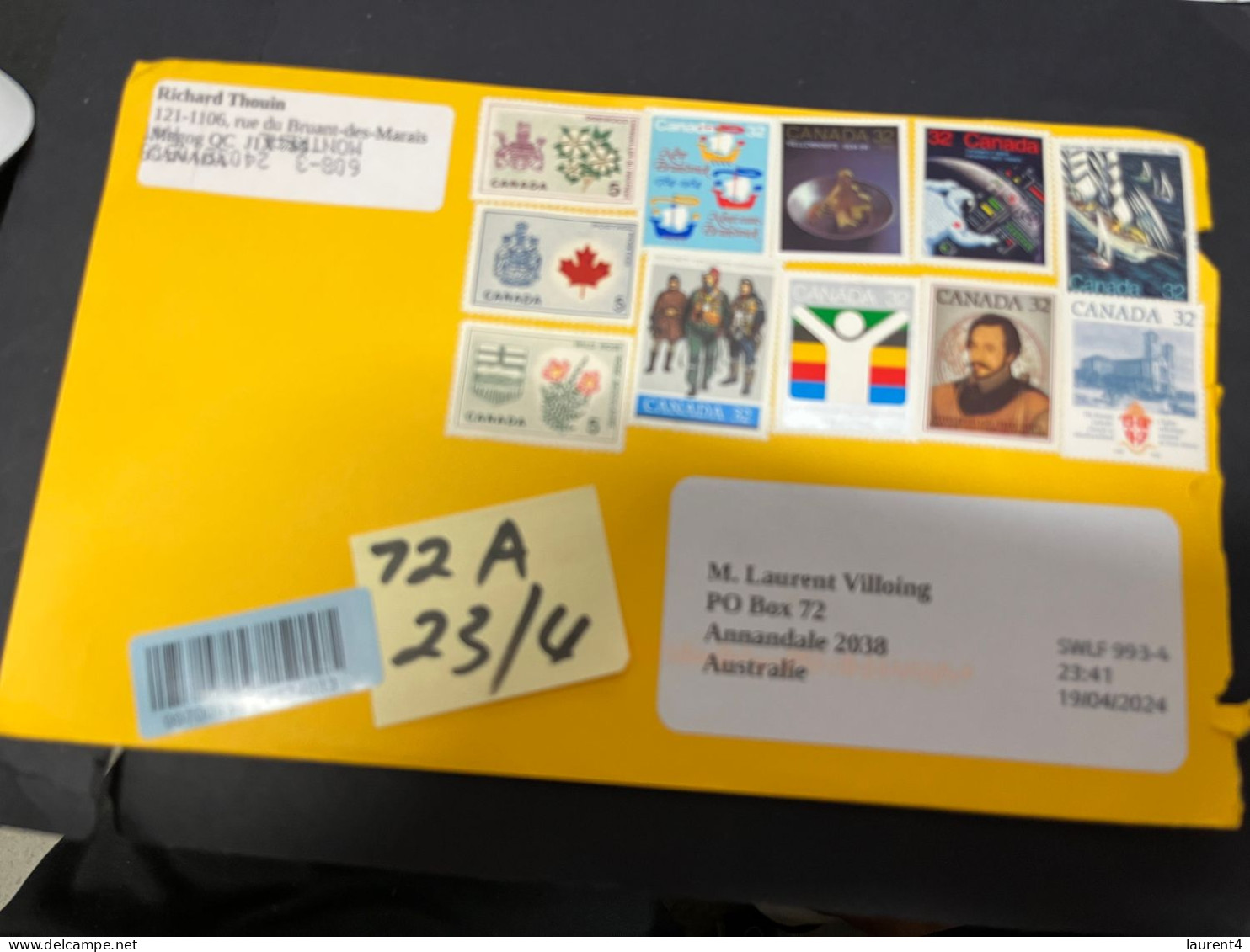 1-5-2024 (3 Z 34) Letter Posted From Canada To Australia In 2024 (1 Large Cover) 23 X 16 Cm - Brieven En Documenten