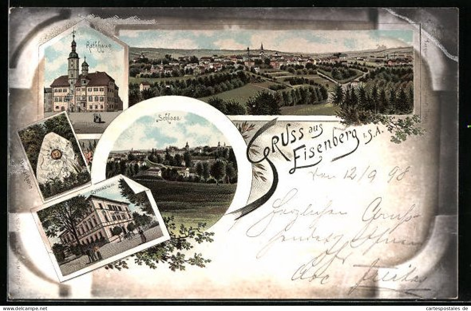 Lithographie Eisenberg I. S. A., Ortsansicht, Rathaus, Gymnasium  - Eisenberg