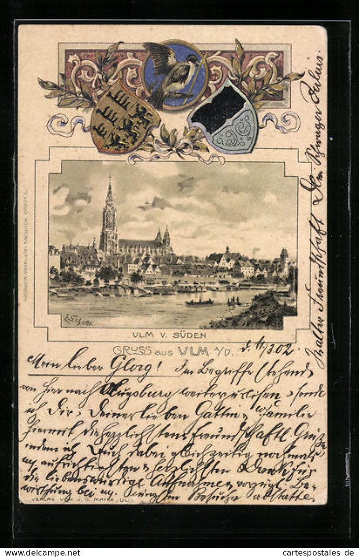 Passepartout-Lithographie Ulm A. D., Stadt Von Süden, Wappen  - Otros & Sin Clasificación