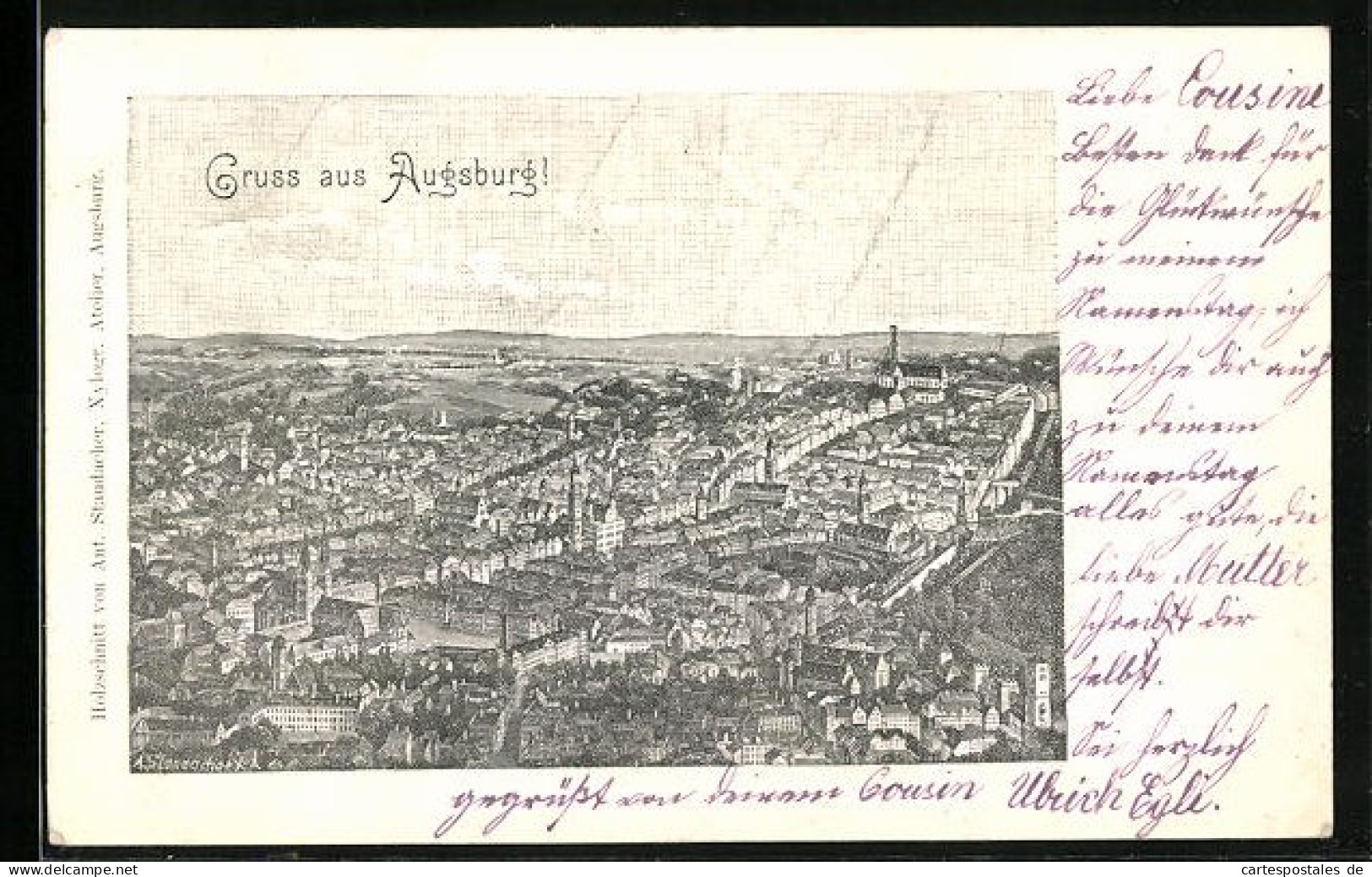 Lithographie Augsburg, Stadt Aus Der Vogelschau  - Augsburg