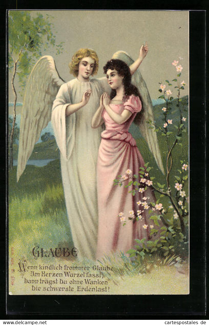 AK Allegorie Glaube, Engel Mit Betendem Fräulein  - Anges
