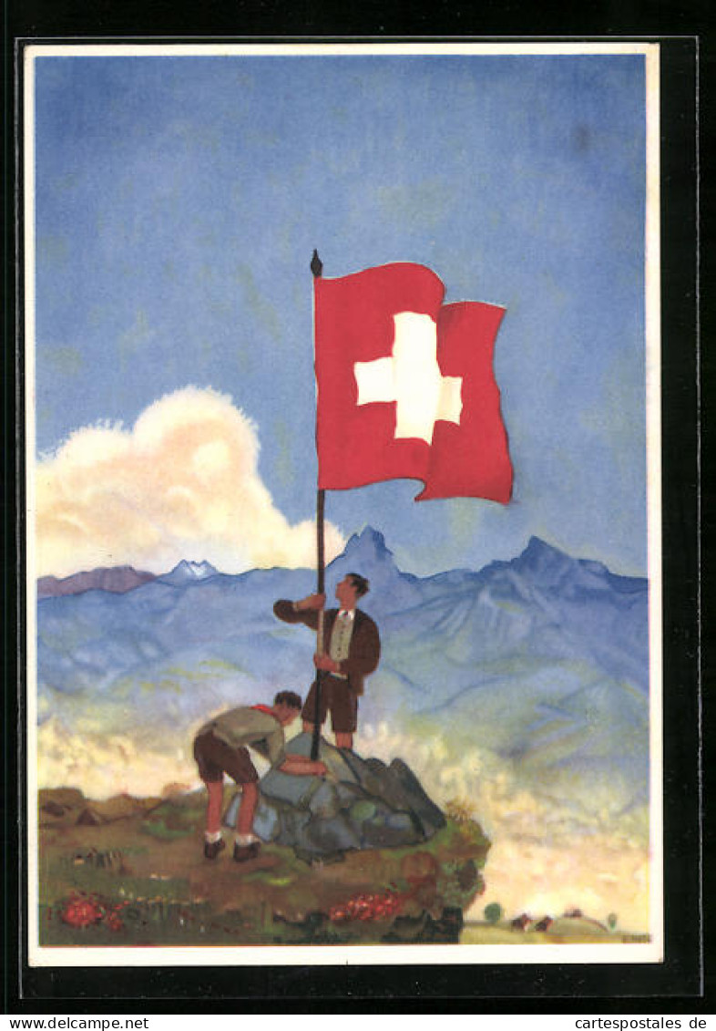 Künstler-AK Schweizer Bundesfeier 1939, Nationalfahne Auf Einem Berggipfel  - Sonstige & Ohne Zuordnung