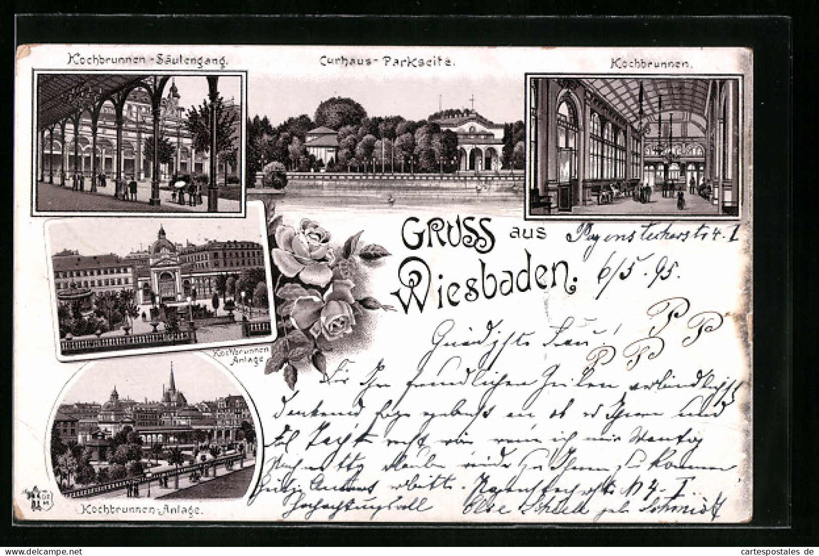 Vorläufer-Lithographie Wiesbaden, 1895, Curhaus, Kochbrunnen-Anlage Und -Säulengang  - Wiesbaden