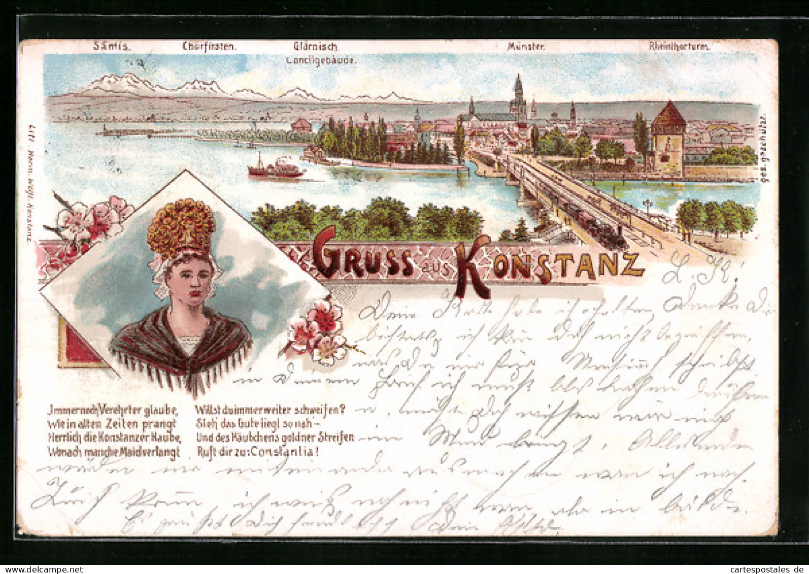 Lithographie Konstanz, Panorama Mit Brücke Und Rheinthorturm, Konstanzerin Mit Haube  - Konstanz