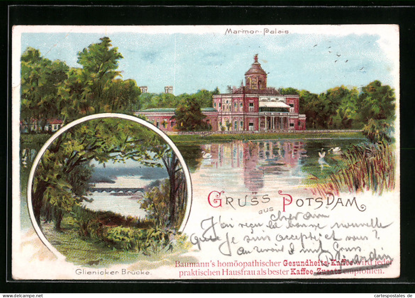 Lithographie Potsdam, Blick Zur Glienicker Brücke, Marmor-Palais Vom Wasser Gesehen  - Potsdam