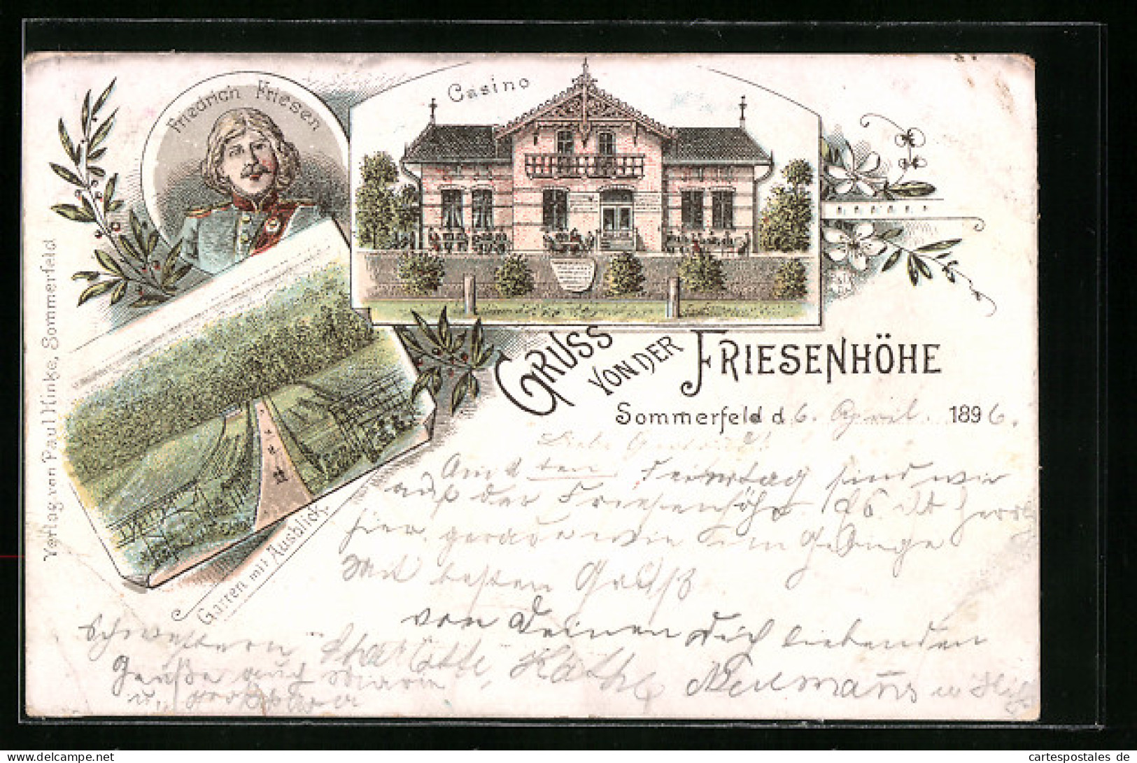 Lithographie Sommerfeld, Gasthof Friesenhöhe - Casino, Garten Und Portrait Friedrich Friesen  - Autres & Non Classés