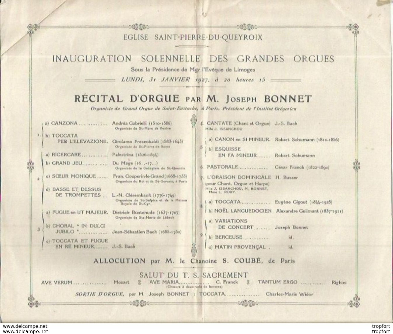 CD / PROGRAMME Feuillet MUSIQUE Concert Joseph BONNET SAINT-PIERRE-DU-QUEROIX ORGUES LIMOGES 1927 - Programs