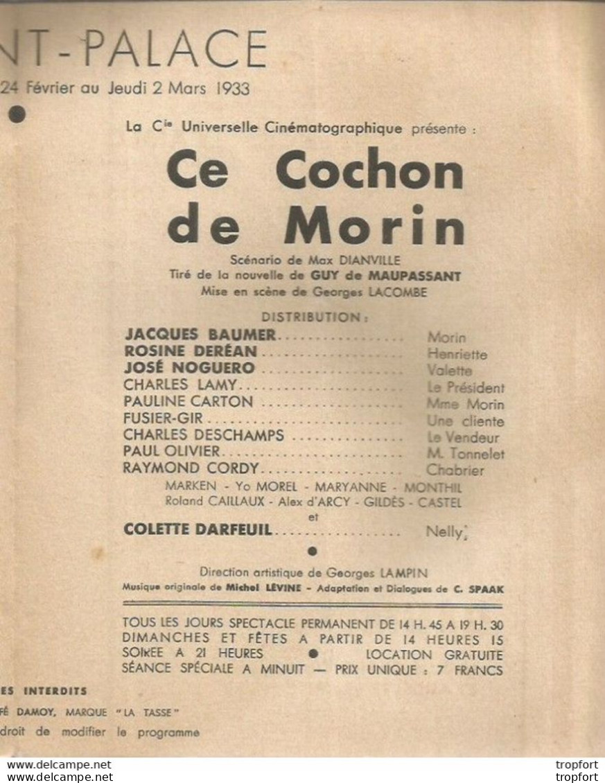 PY / Ancien PROGRAMME CINEMA Gaumont AUBERT 1933 COCHON De MORIN Bobby MAY Acrobat Cirque ORGUES - Programmes