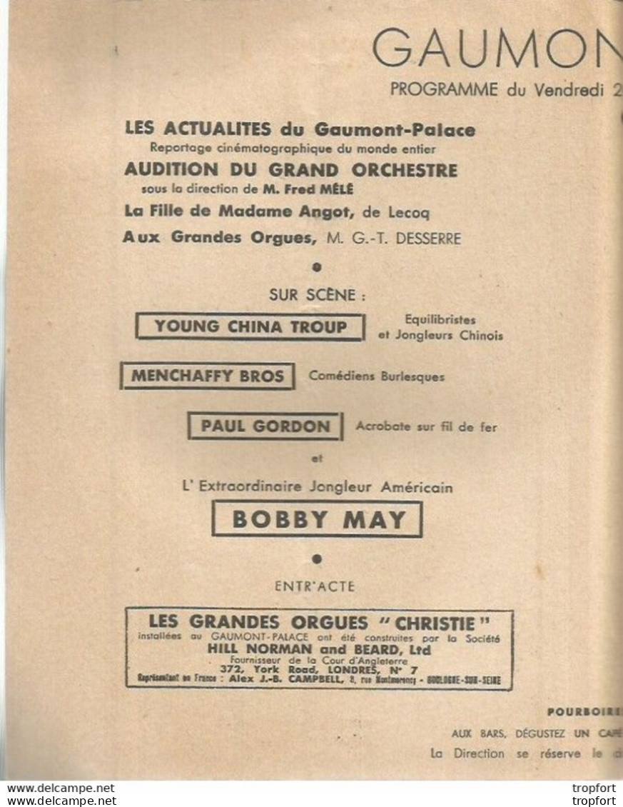 PY / Ancien PROGRAMME CINEMA Gaumont AUBERT 1933 COCHON De MORIN Bobby MAY Acrobat Cirque ORGUES - Programmes