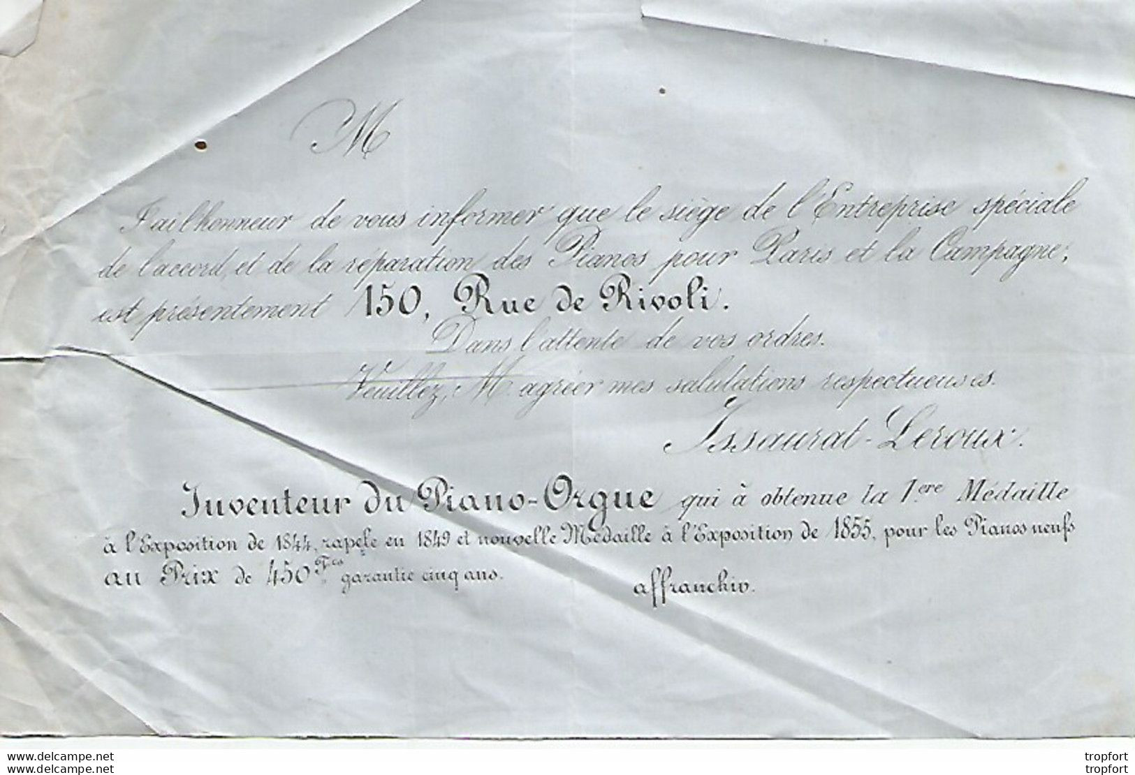 JJ / RARE Invitation 1844 ISSAURAT LEROUX Inventeur Du PIANO ORGUE - Historische Dokumente