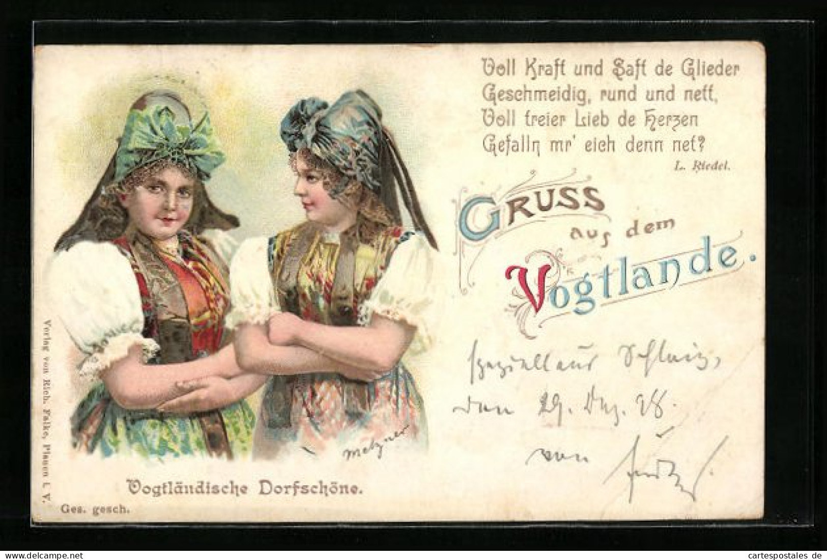 Lithographie Zwei Vogtländische Dorfschönheiten In Tracht  - Costumes