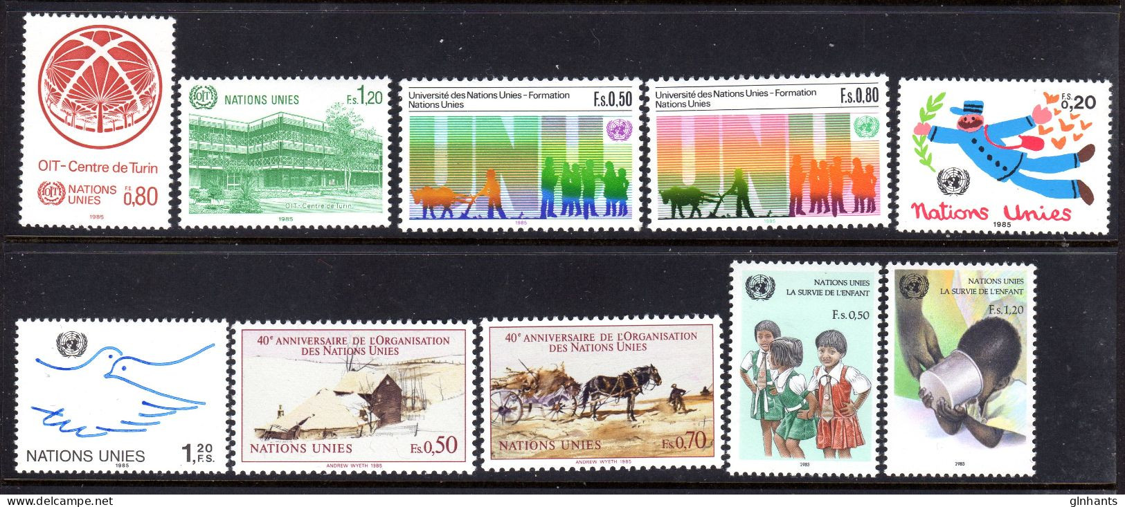 UNITED NATIONS UN GENEVA - 1985 COMPLETE YEAR SET (10V) AS PICTURED FINE MNH ** SG G129-G136, G138-G139 - Neufs