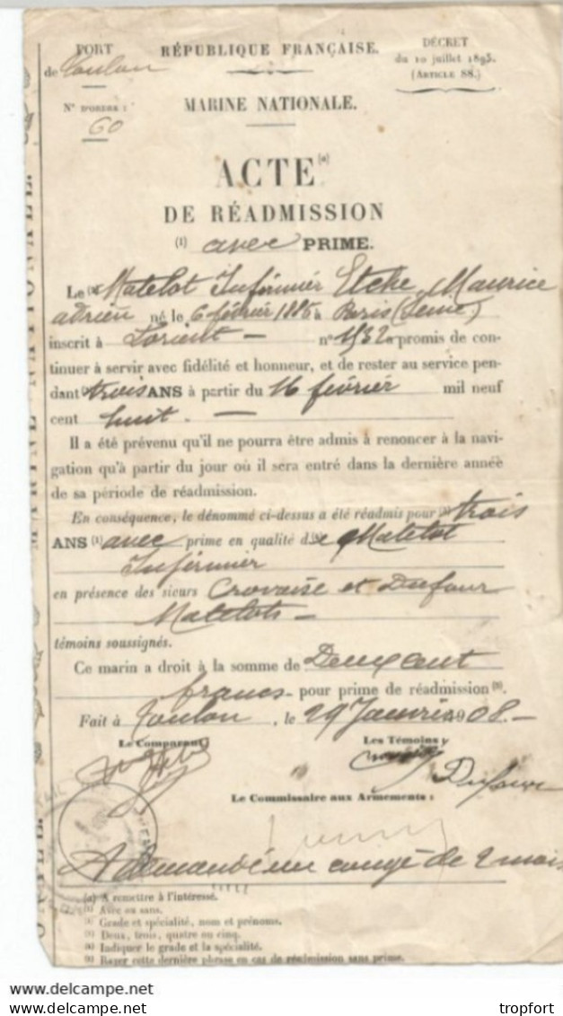 PK / ACTE DE READMISSION Avec PRIME  1908 // MATELOT INFIRMIER MARINE NATIONALE // LORIENT Militaria - Historische Dokumente