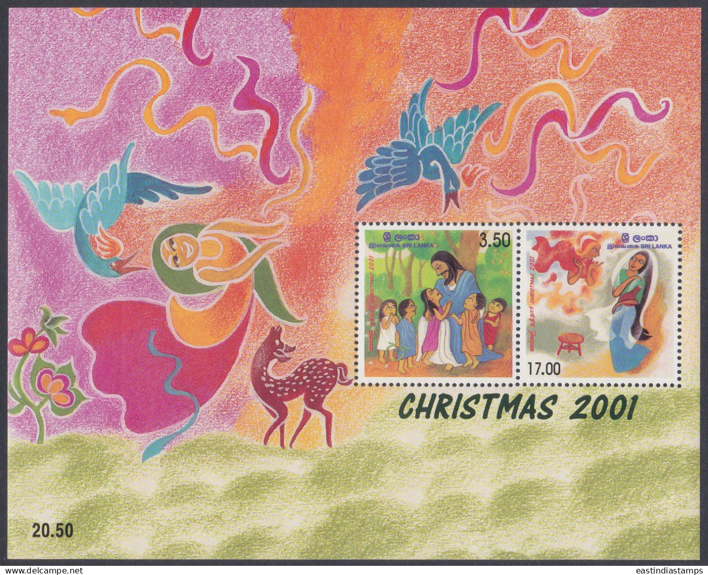 Sri Lanka Ceylon 2001 MNH MS Christmas, Christianity, Christian, Religion, Festival, Deer, Birds, Child, Miniature Sheet - Sri Lanka (Ceylon) (1948-...)