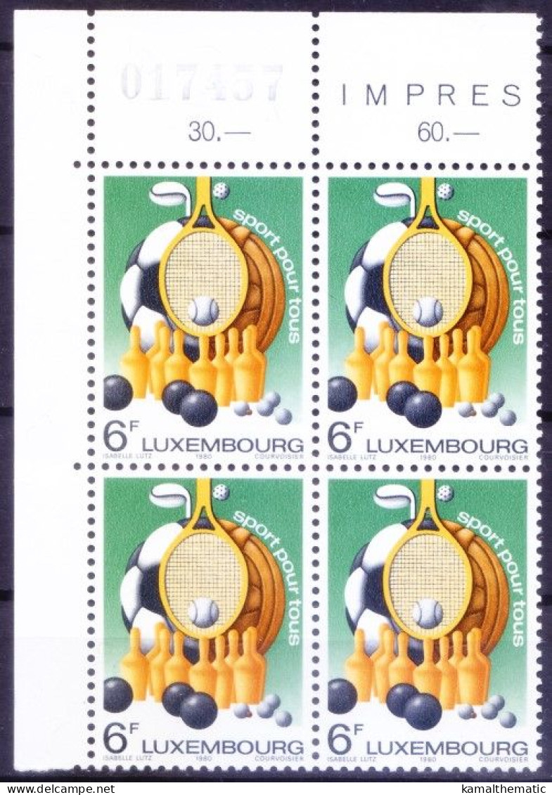 Luxembourg 1980 MNH Corner Blk, Sports Equipments, Football, Handball, Tennis - Hand-Ball