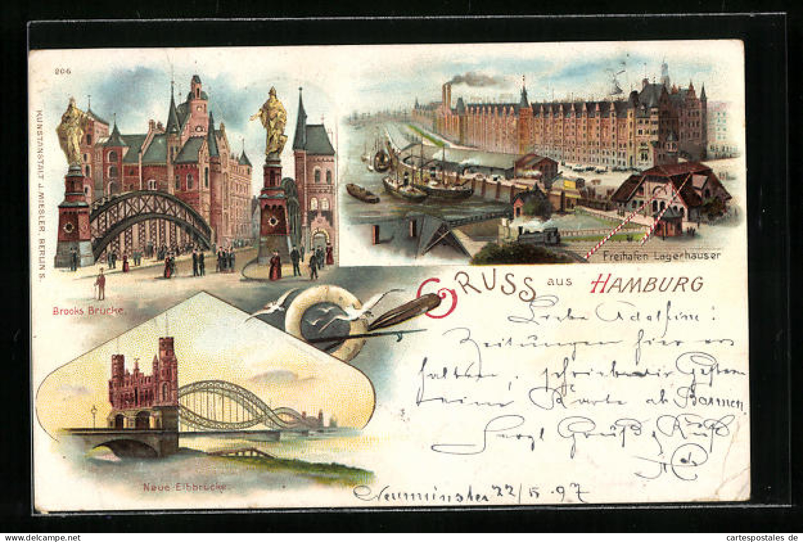 Lithographie Hamburg, Freihafen Lagerhäuser, Neue Elbbrücke Und Brooks Brücke  - Mitte