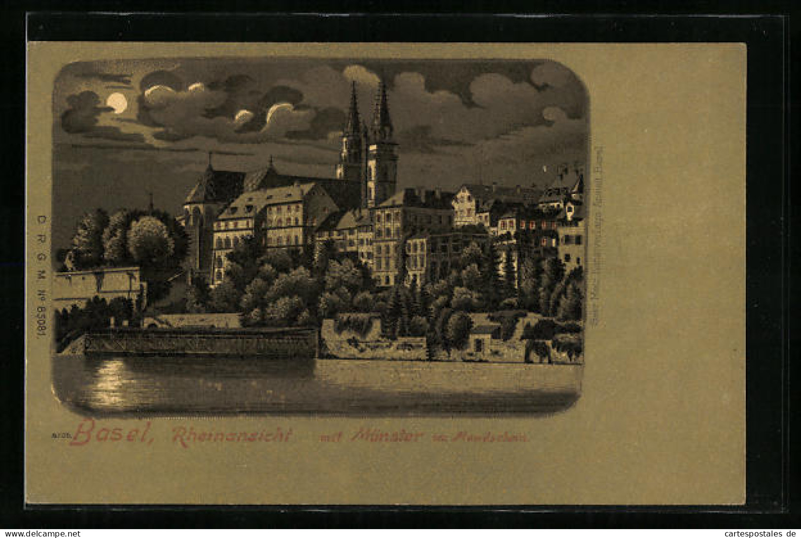 Mondschein-Lithographie Basel, Rheinansicht Mit Münster Im Vollmondlicht  - Bâle