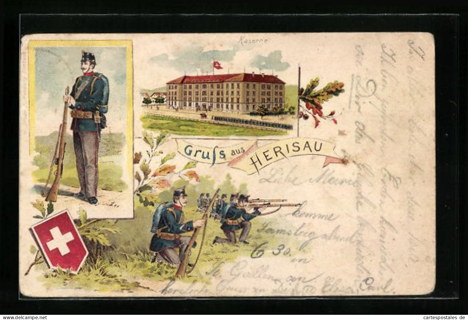 Lithographie Herisau, Kaserne Mit Soldaten  - Herisau