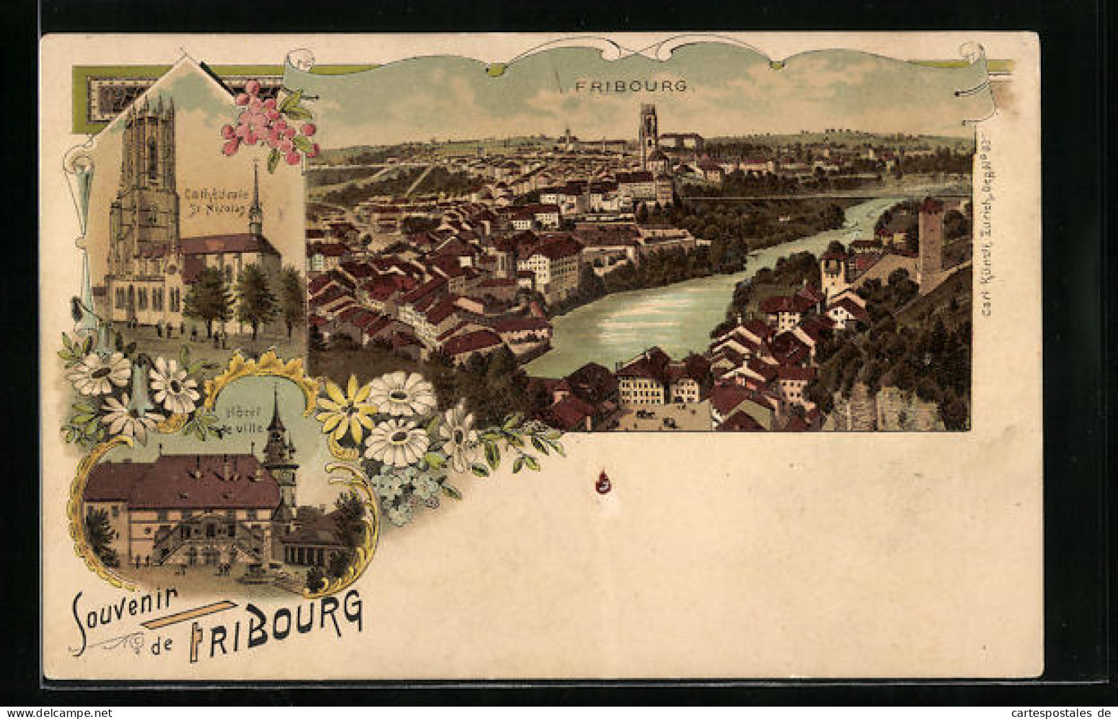 Lithographie Fribourg, Ortsansicht Aus Der Vogelschau  - Fribourg