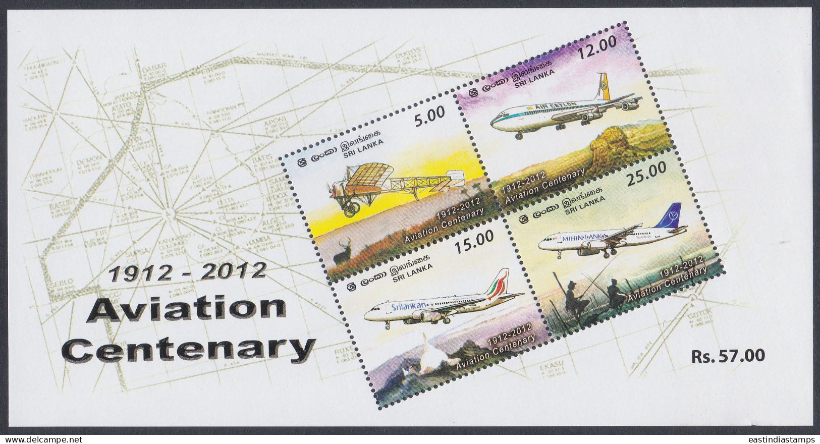 Sri Lanka Ceylon 2012 MNH MS Aviation Centenary, Aircraft, Aeroplane, Airplane, Biplane, Deer, Jet, Miniature Sheet - Sri Lanka (Ceylon) (1948-...)