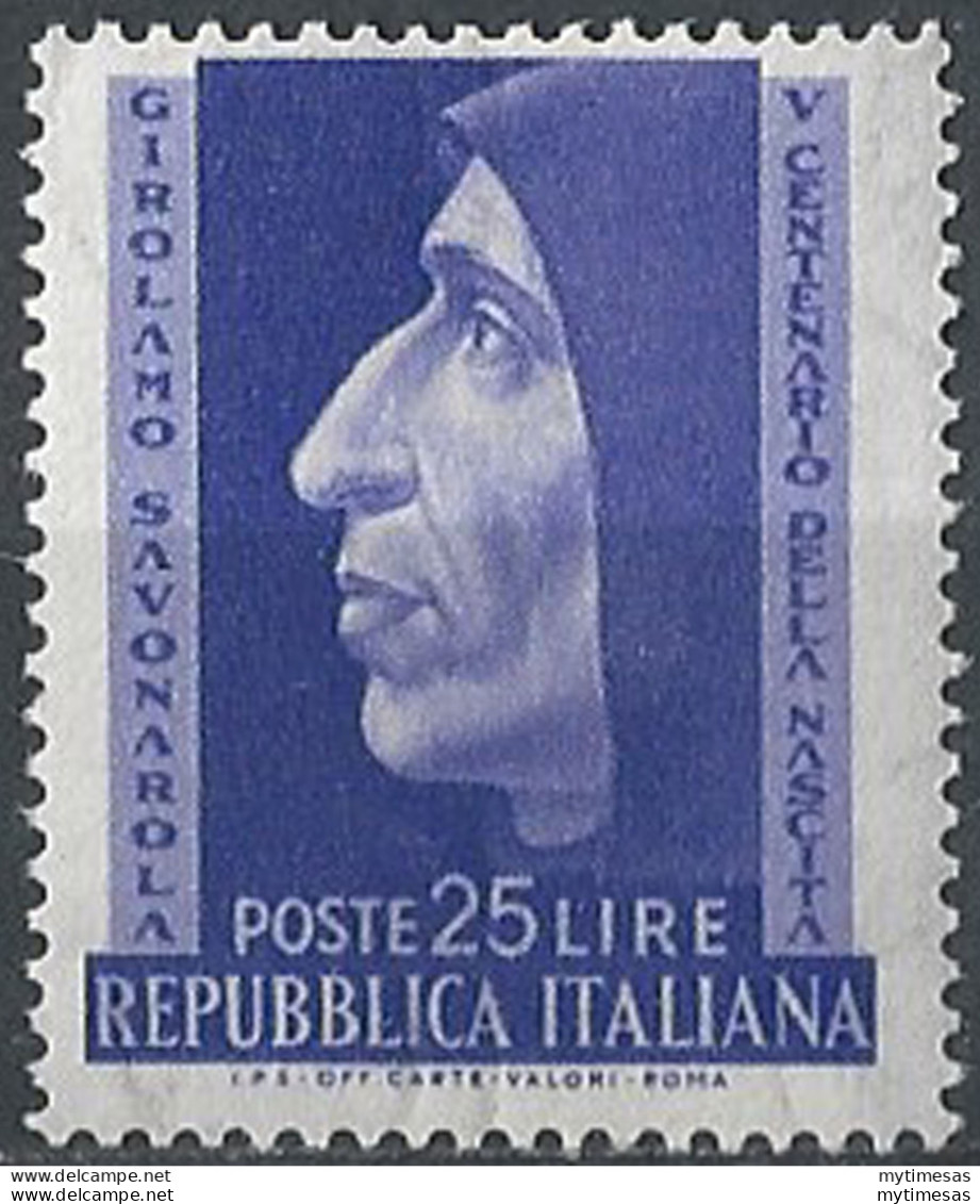 1952 Italia Savonarola MNH Sassone N. 696 - 1946-60: Mint/hinged