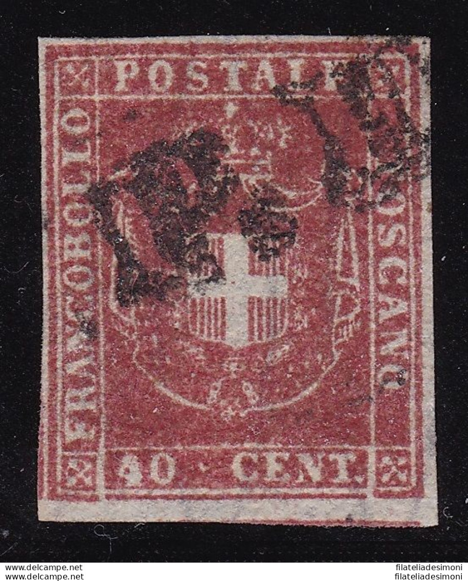 1860 TOSCANA, N° 21a 40 Cent. Carminio Scarlatto USATO Firma Bolaffi/AD - Toscana