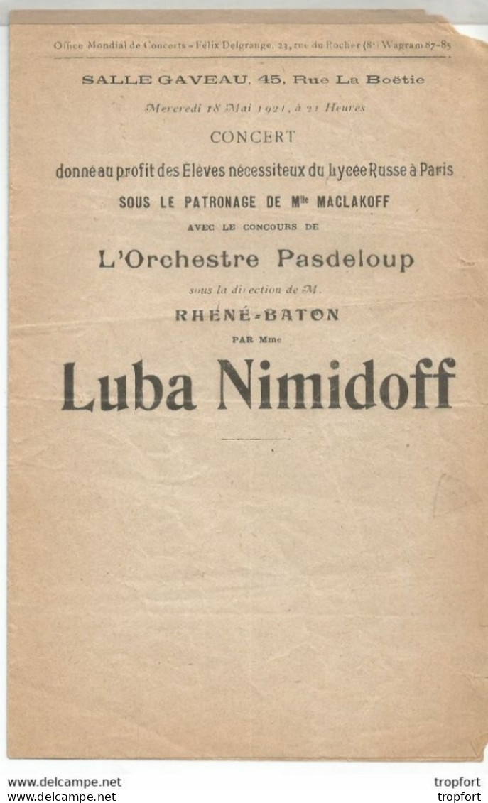 CC // Vintage // Old French Theater Program // Programme Musique LUBA NIMIDOFF Pasdeloup Concert RUSSE - Programma's