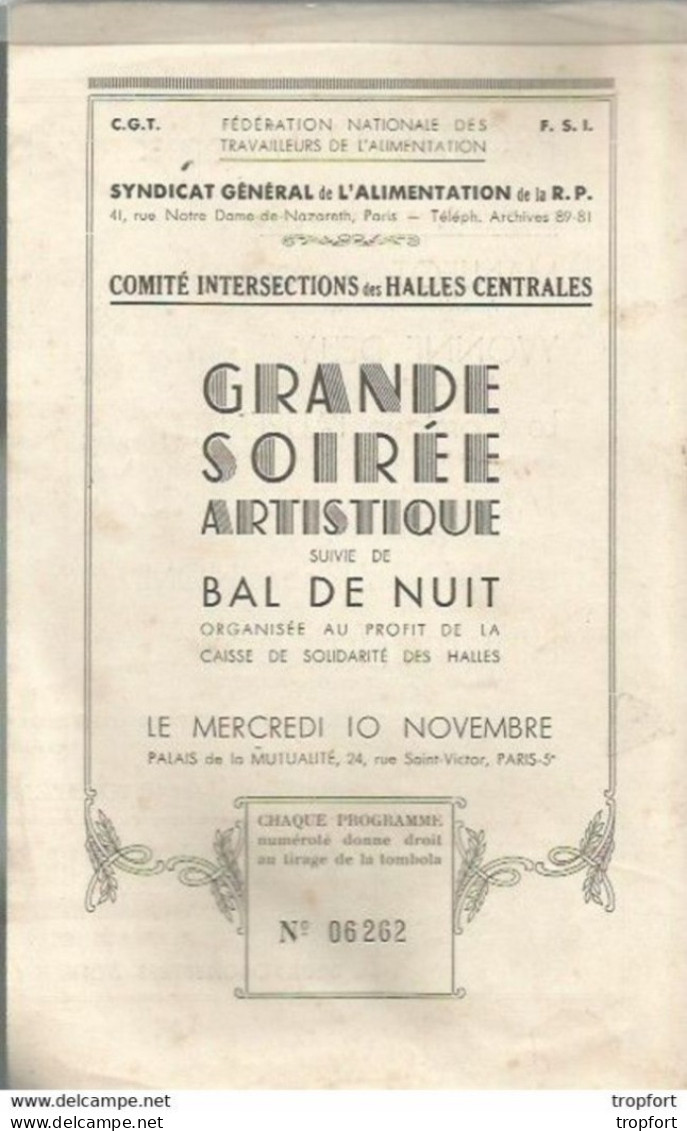 CC // Vintage // Old French Program // Rare Feuillet PROGRAMME Bal HALLES Numéroté Exhibition Boxe / Prestidigitateur - Programmes