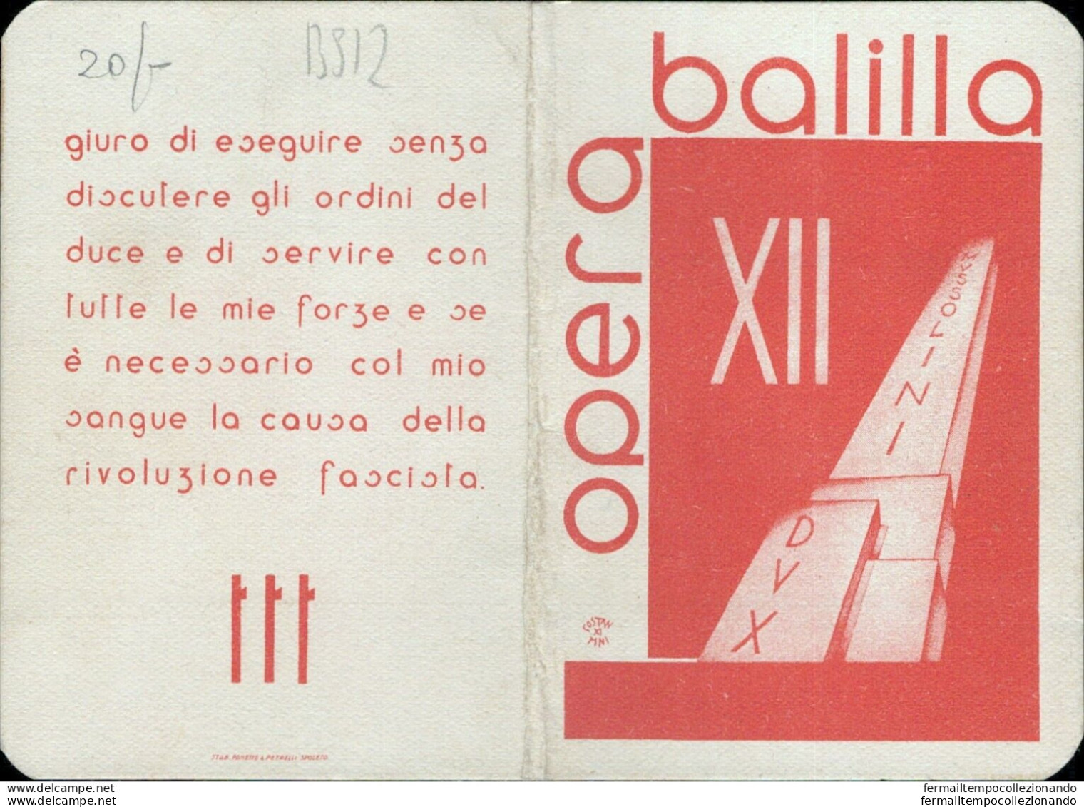 Bs12  Tessera Fascista Milano Opera Nazionale Balilla 1931 - Tarjetas De Membresía