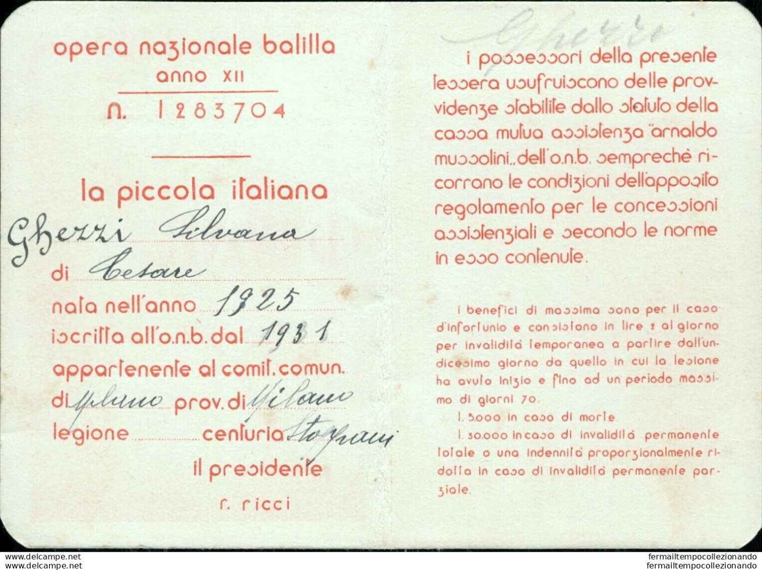 Bs12  Tessera Fascista Milano Opera Nazionale Balilla 1931 - Tessere Associative