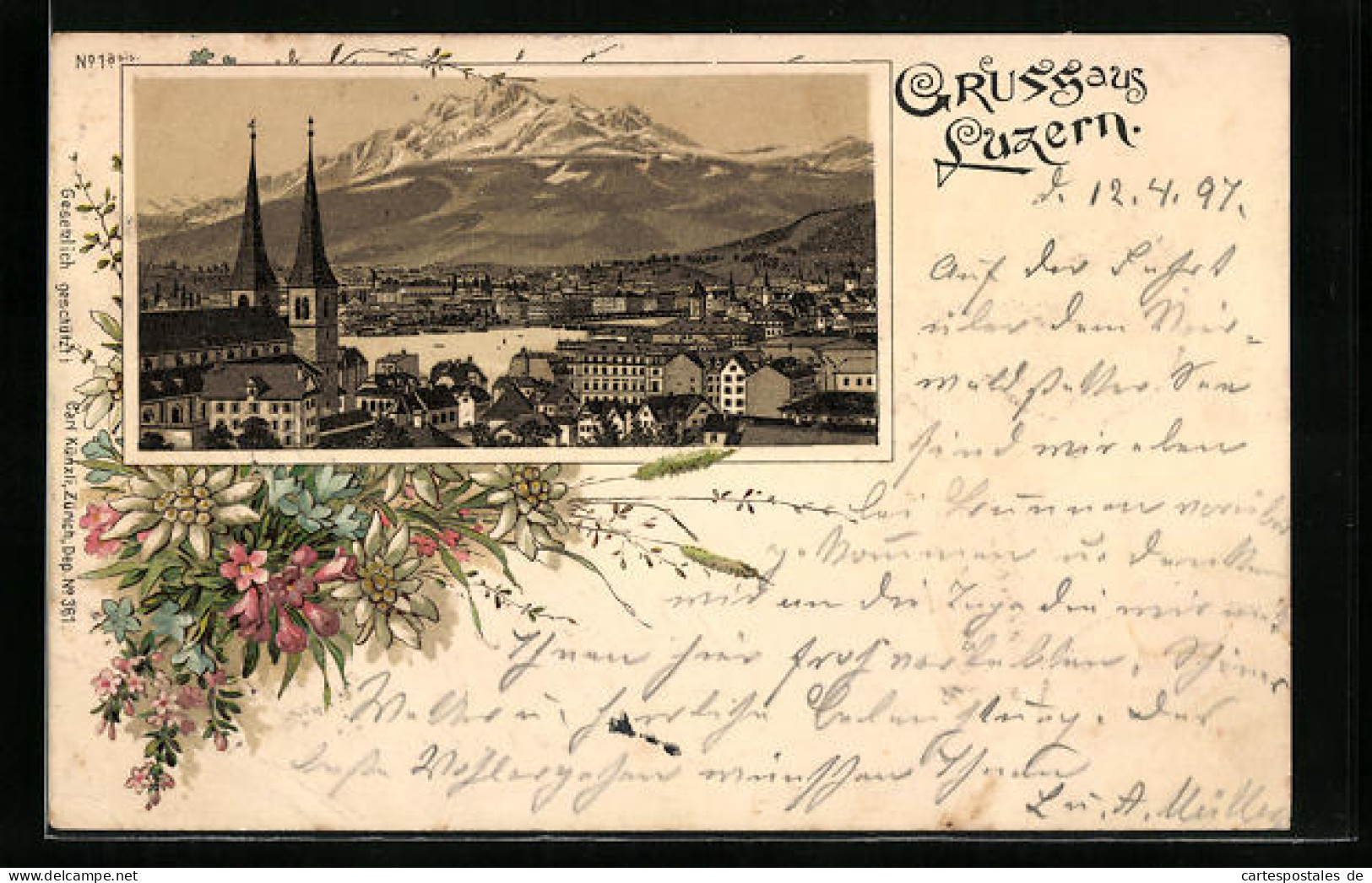 Lithographie Luzern, Ortsansicht Mit Bergpanorama  - Luzern