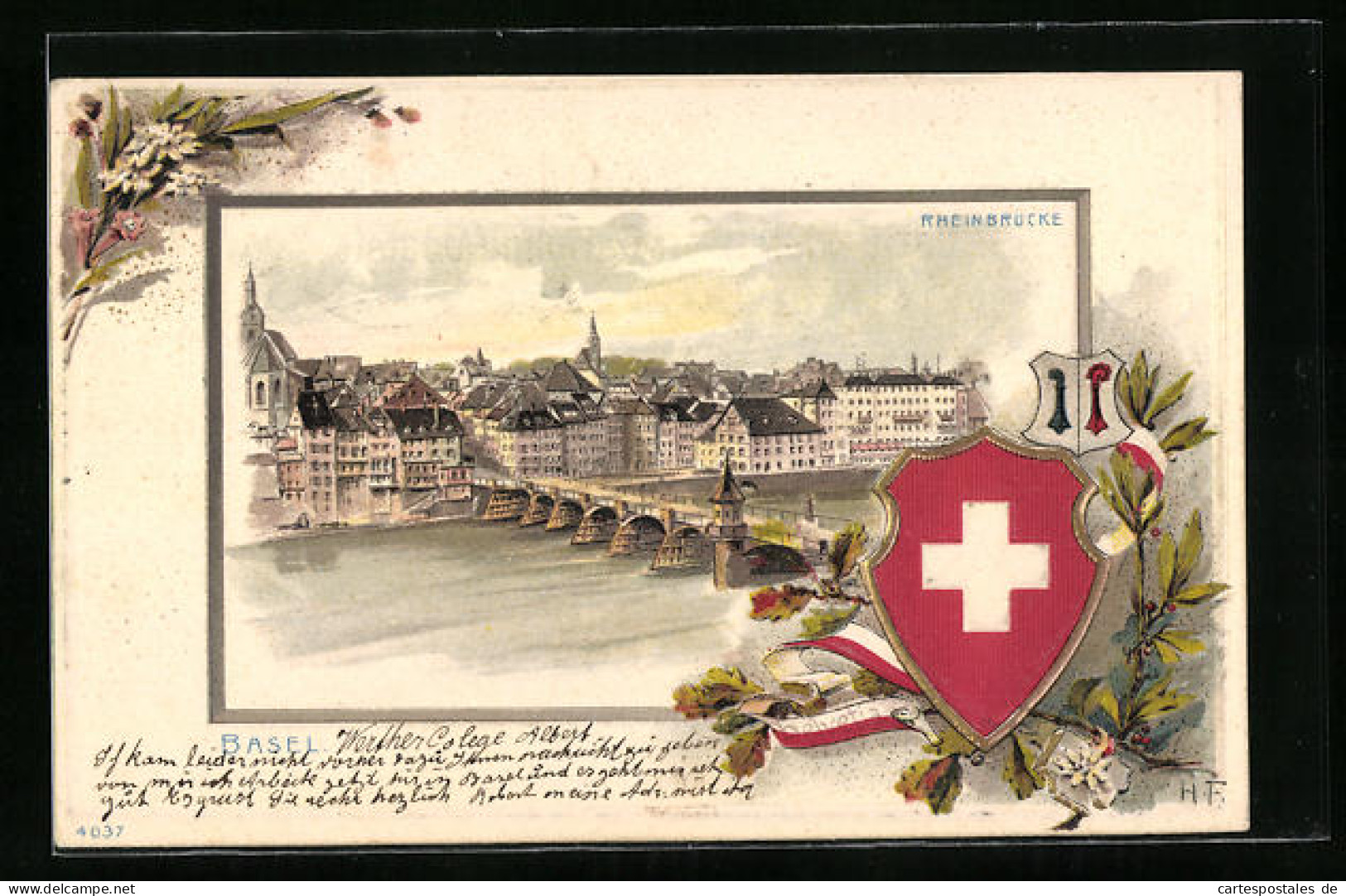 Lithographie Basel, Rheinbrücke Mit Wappen  - Bâle