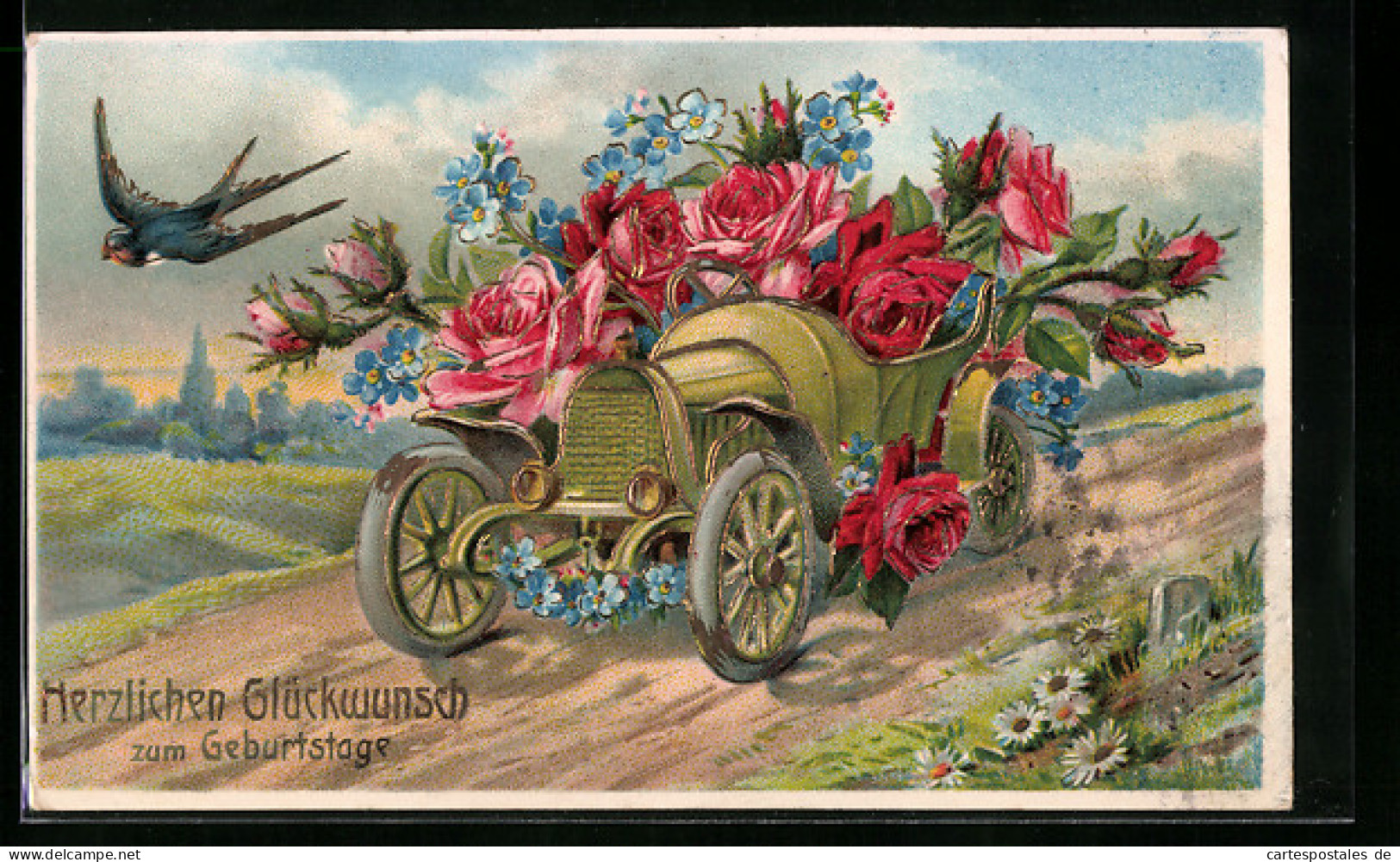 Künstler-AK Blumenbedecktes Auto Und Fliegende Schwalbe - Geburtstagssgruss  - Passenger Cars