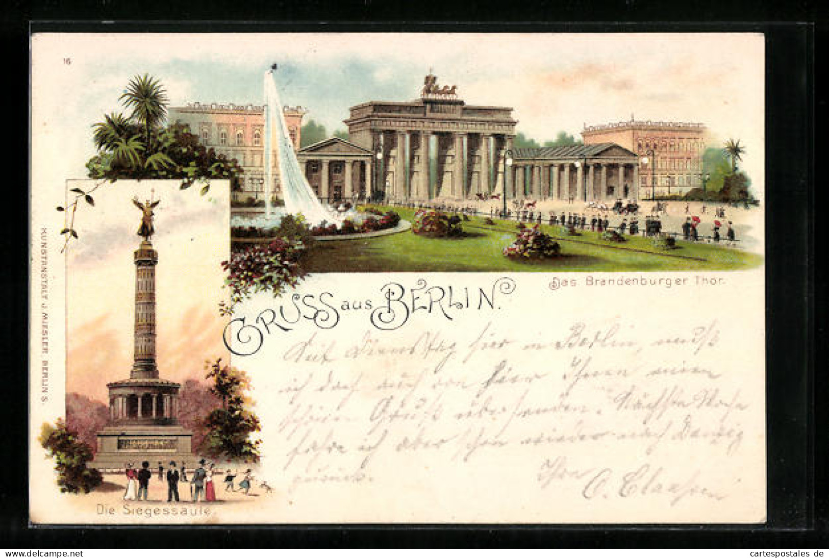 Lithographie Berlin, Pariser Platz, Brandenburger Tor Mit Anlagen, Siegessäule  - Brandenburger Deur