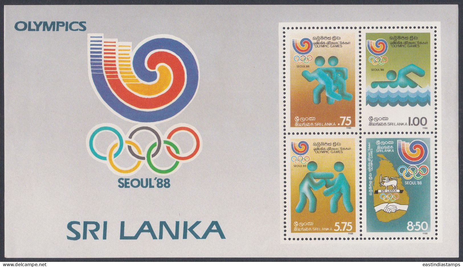 Sri Lanka Ceylon 1988 MNH MS Seoul, Olympics, Olympic Games, Swimming, Wrestling, Map, Athletics, Sports Miniature Sheet - Sri Lanka (Ceylon) (1948-...)