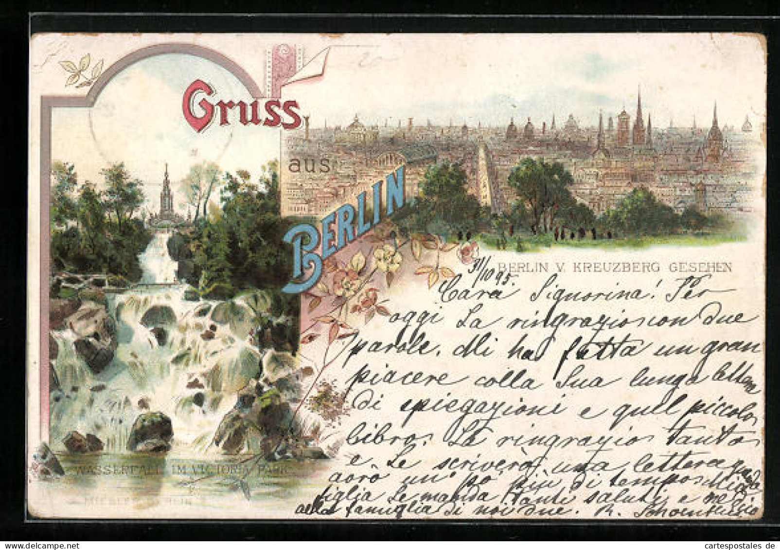 Vorläufer-Lithographie Berlin, 1895, Wasserfall Im Victoriapark, Totale Vom Kreuzberg Aus Gesehen  - Kreuzberg