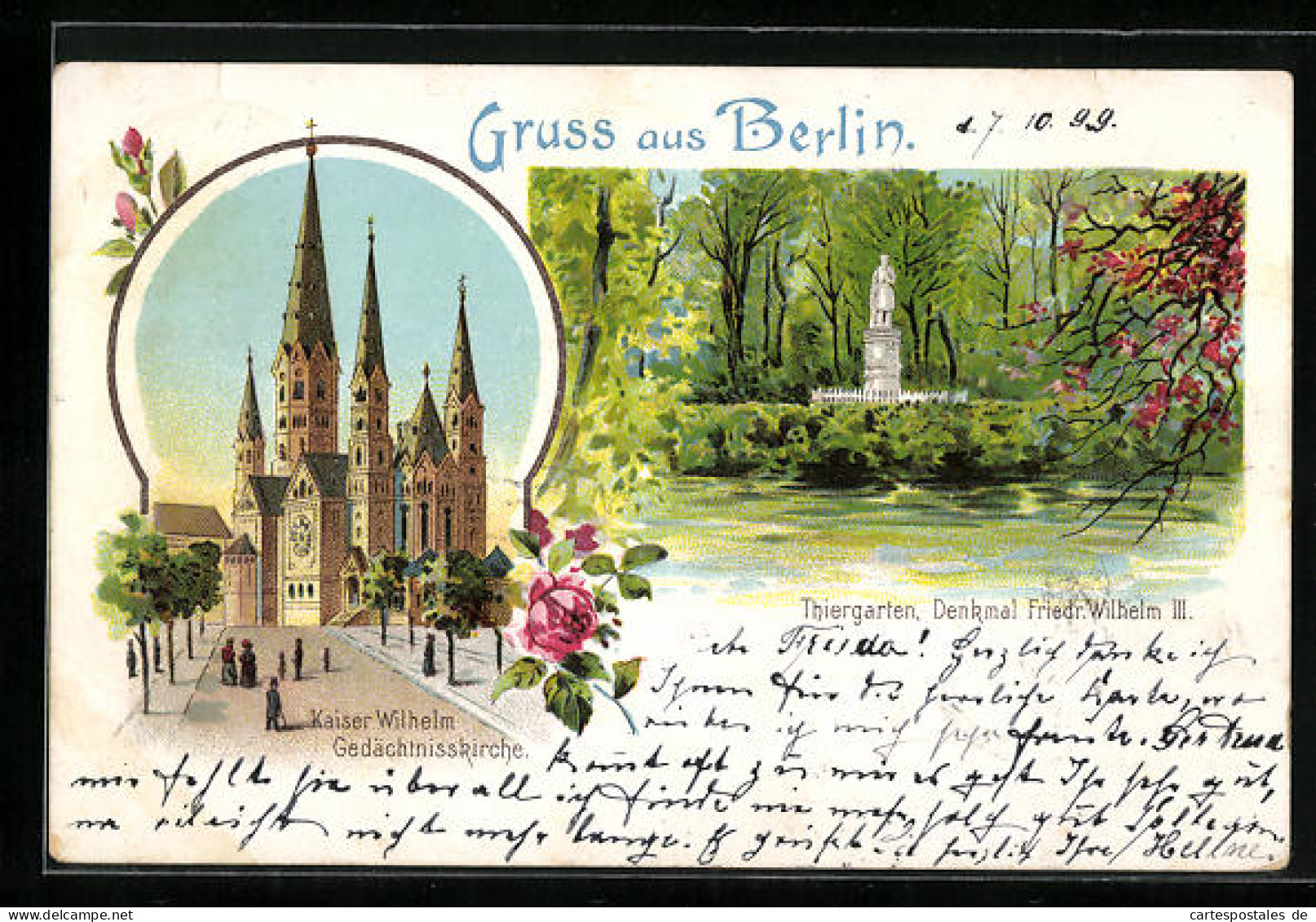 Lithographie Berlin, Kaiser Wilhelm Gedächtniskirche, Denkmal Friedr. Wilhelm II. Im Tiergarten  - Charlottenburg