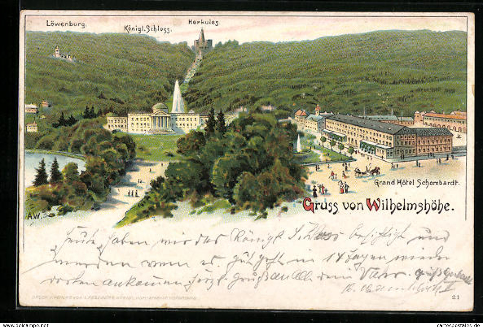 Lithographie Wilhelmshöhe, Grand Hotel Schombardt, Löwenburg, Königl. Schloss, Herkules  - Bad Koenig